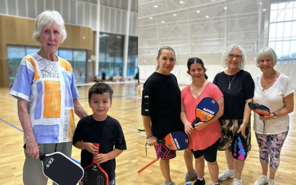 A layout of 2 photos, on the left is the oldest pickleball player (91 years old) standing with the youngest (5 years old). On the right is Jane who lives with Parkinsons with Jane who has a disability and her mum and carer.